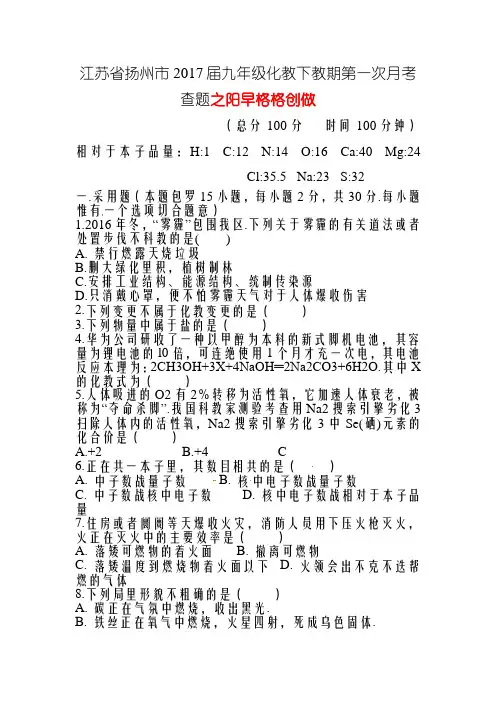 江苏省扬州市九年级化学下学期第一次月考试题