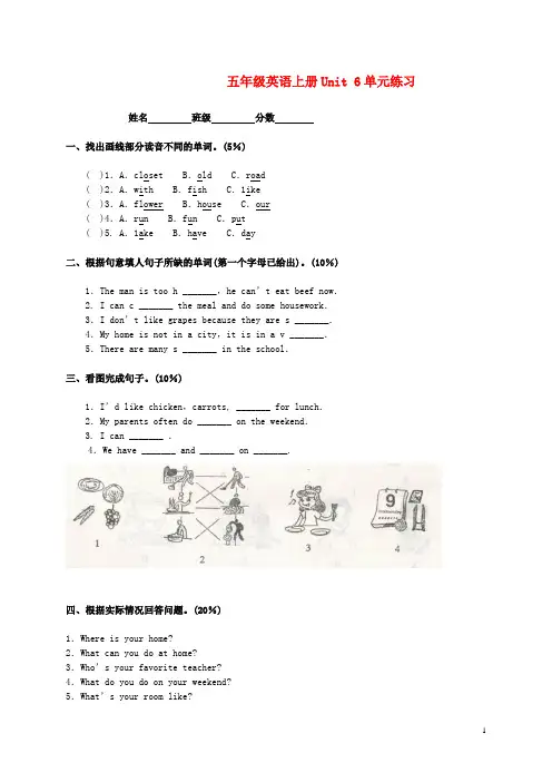 五年级英语上册 Unit 6单元练习 人教版PEP