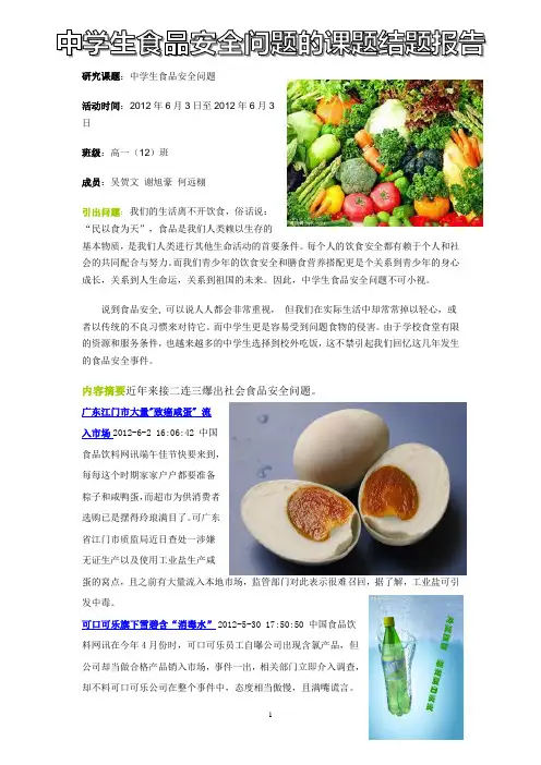 中学生食品安全问题研究性学习课题报告