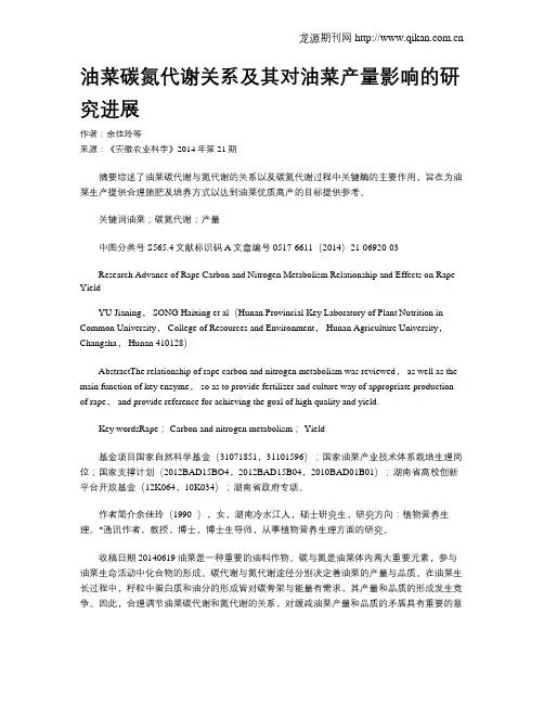油菜碳氮代谢关系及其对油菜产量影响的研究进展