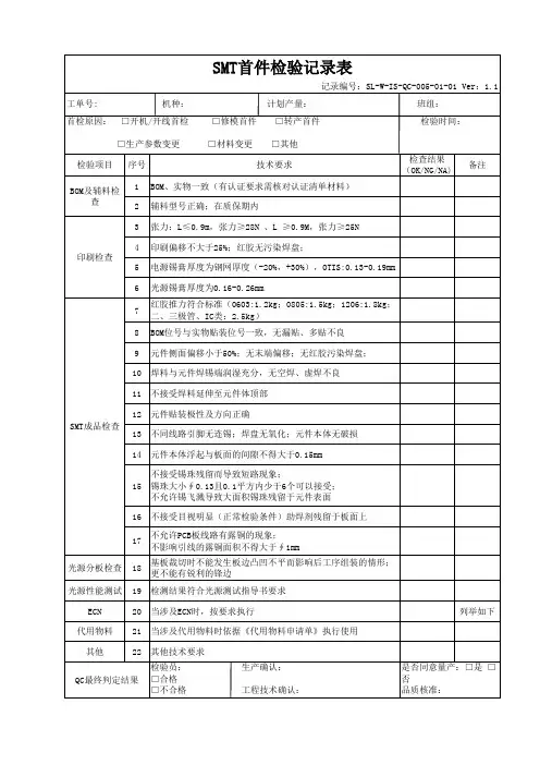 SL-W-IS-QC-005-01-01SMT1首检检查表