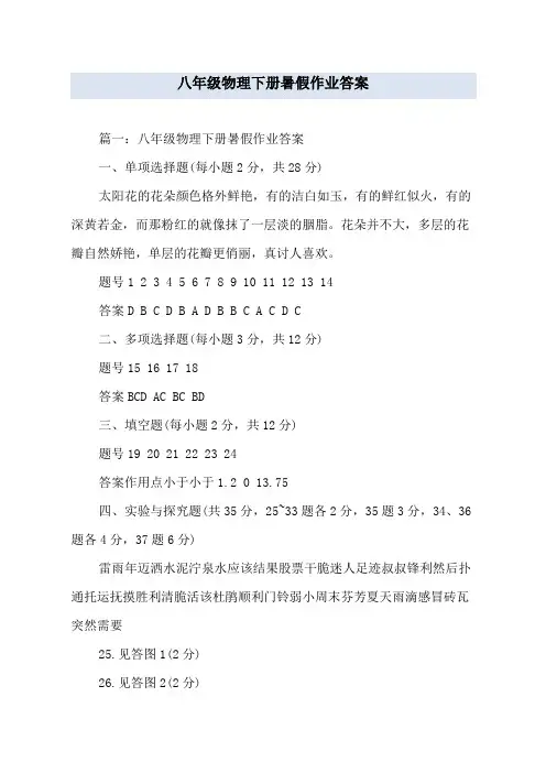 八年级物理下册暑假作业答案