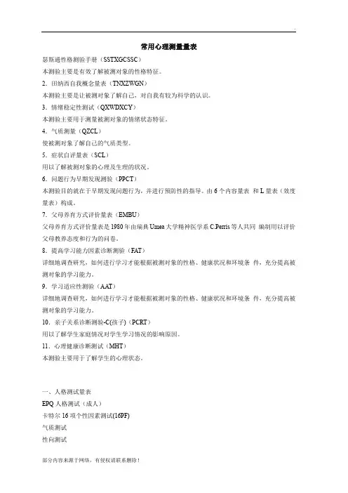 常用心理测量量表