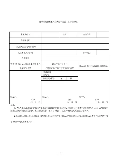 日照市就业困难人员认定申请表(工商注册版)