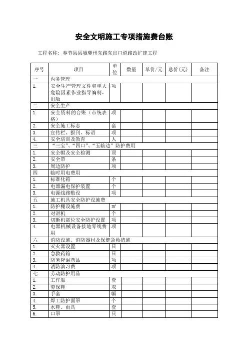 安全生产文明施工措施费用台帐