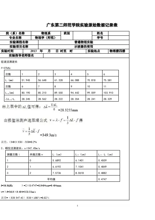 示波器的使用实验原始数据记录表
