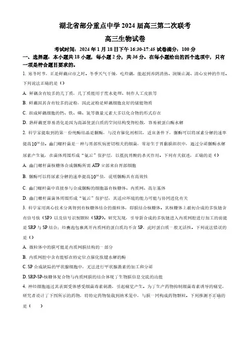 湖北省部分重点中学2024届高三第二次联考生物试卷+答案