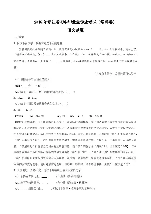 浙江省绍兴市2018年中考语文真题试卷解析版