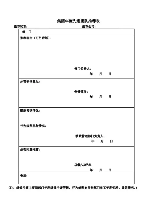 集团年度先进团队推荐表