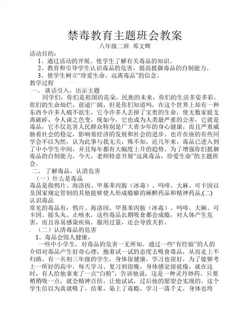 禁毒教育主题班会教案 2