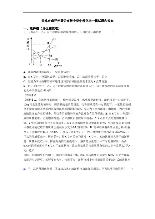 天津市南开外国语高级中学中考化学一模试题和答案