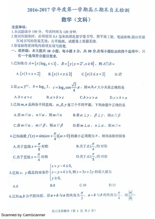 山东省烟台市高三数学上学期期末考试试题文(PDF)(优选.)