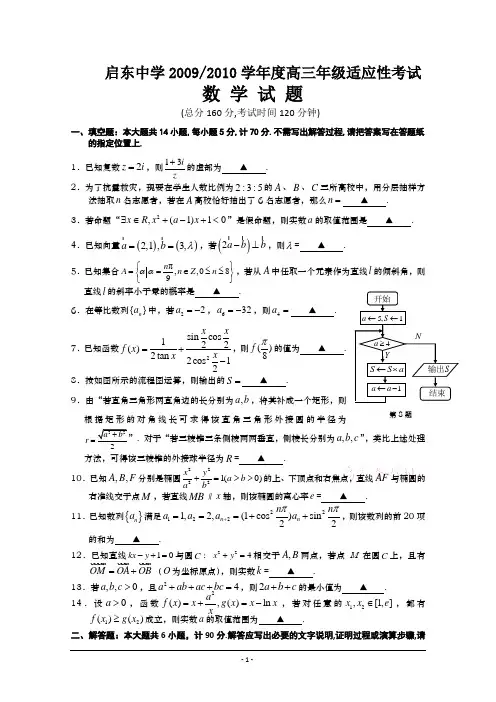 江苏省启东中学2010年高三适应性考试(数学)