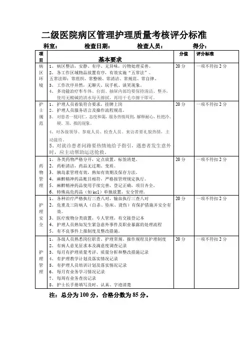 二级医院病区管理护理质量考核评分标准