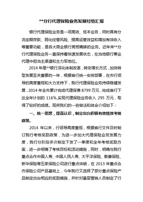 分行代理保险业务发展经验汇报