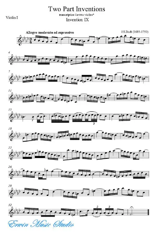 DuoViolinI约翰·塞巴斯蒂安·巴赫《二部创意》第九首小提琴二重奏曲谱J.S.BachTwoPartInventionsIX