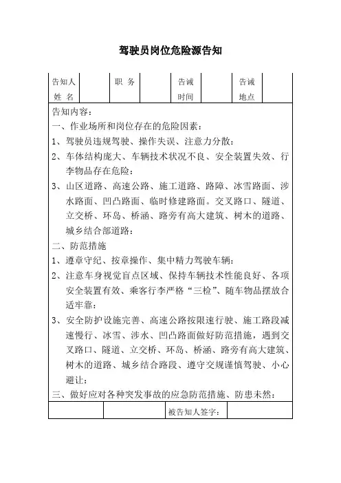 驾驶员岗位危险源告知
