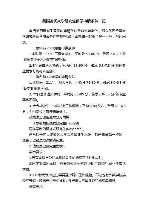 英国各类大学研究生留学申请条件一览