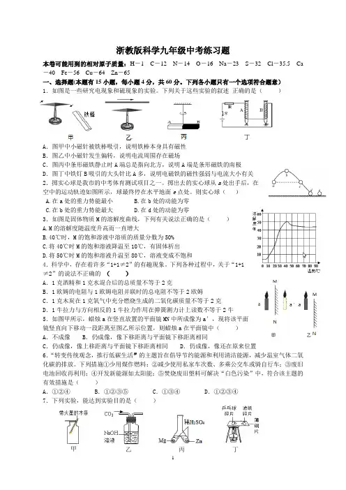 浙教版科学九年级中考练习题(双休作业)无答案
