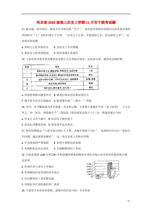 河北省2020届高三历史上学期月百千联考试题