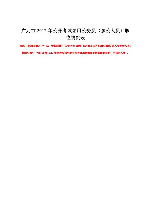 广元2012年公开考试录用公务员参公人员职位情况表