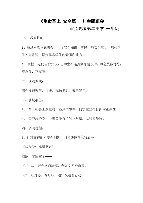 一年级《珍爱生命 安全第一 》主题班会