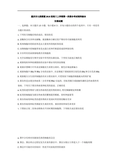【模拟试卷】重庆市九校联盟2018届高三上学期第一次联合考试理科综合生物试题Word版含答案