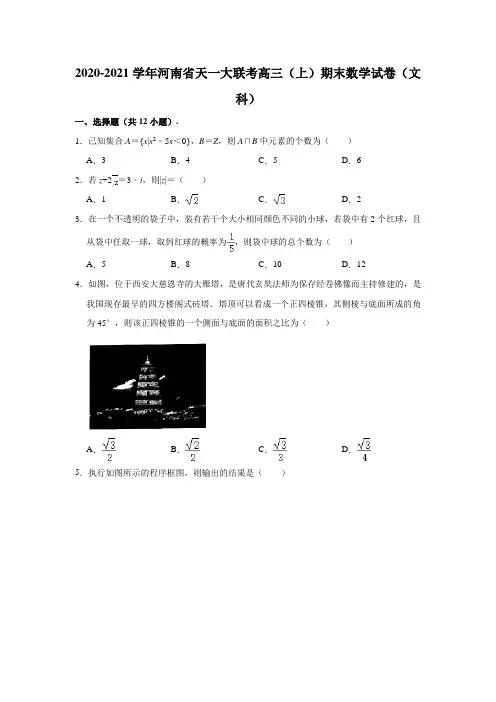 2020-2021学年河南省天一大联考高三(上)期末数学试卷(文科) (解析版)
