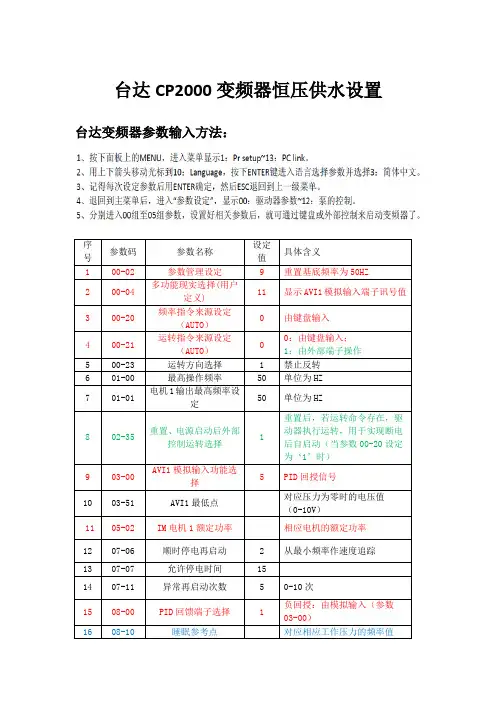 台达CP2000变频器恒压供水参数设置