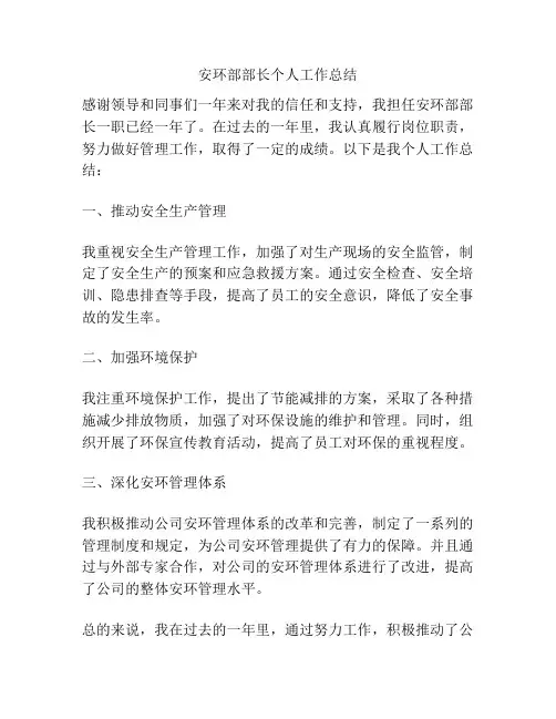 安环部部长个人工作总结