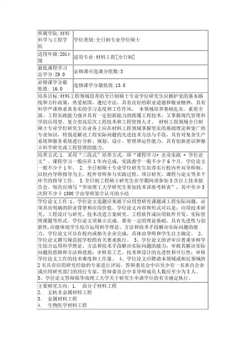 2014级华南理工大学材料工程培养方案