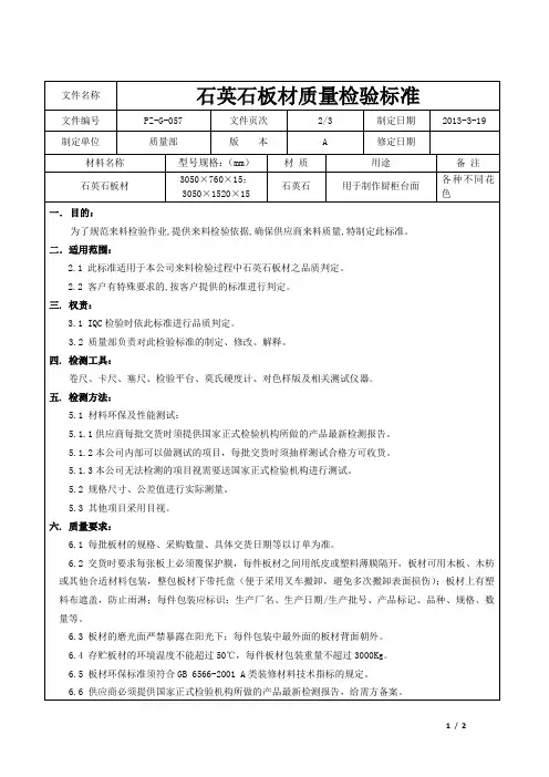 石英石板材质量检验标准