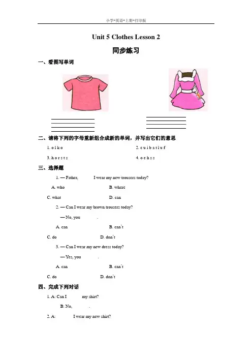 人教版(新起点)-英语-三年级上册-Unit 5 Clothes Lesson 2 作业设计