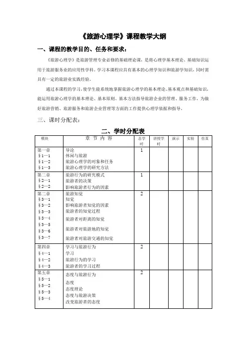 《旅游心理学》课程教学大纲