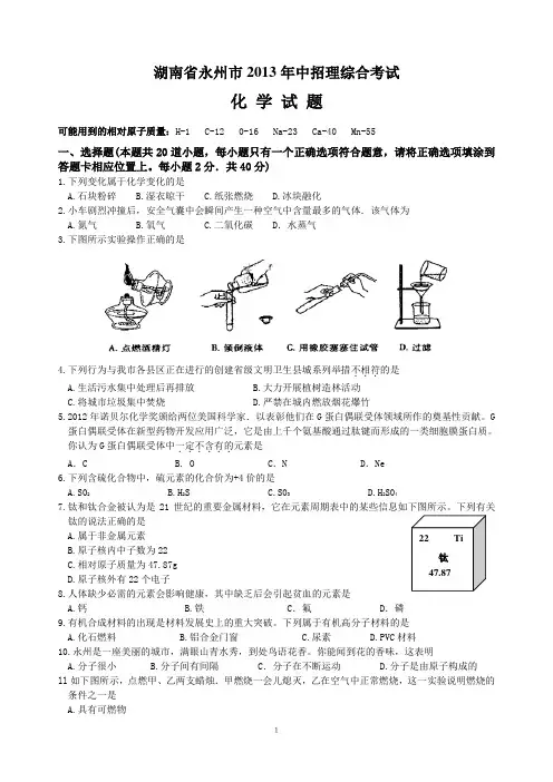 2013年湖南省永州市中考化学试题(word含答案)