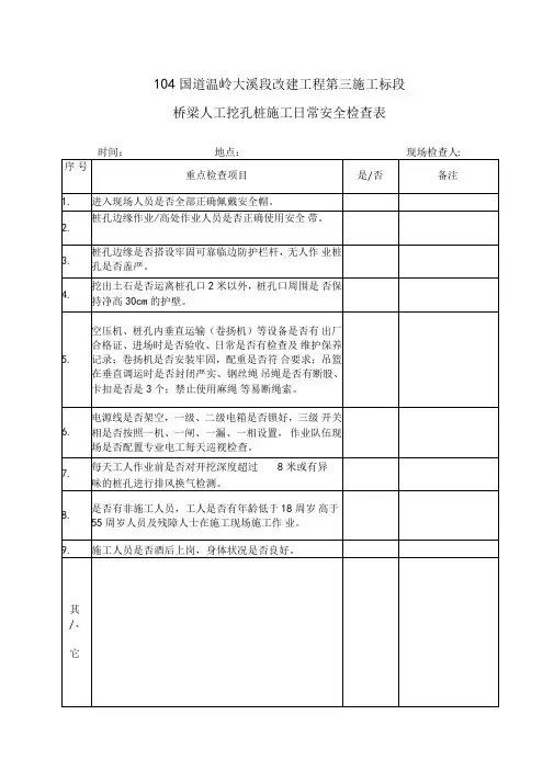 人工挖孔桩日常安全检查表