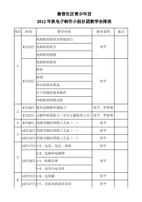 电子制作小组社团教学活动安排表