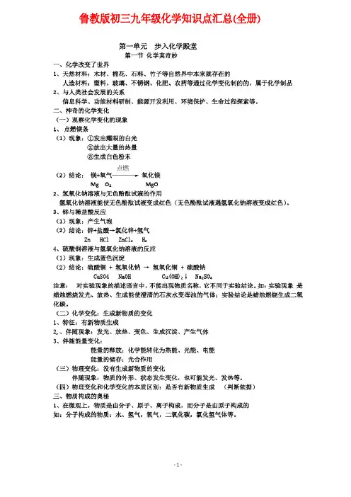 鲁教版初三九年级化学知识点汇总(全册)