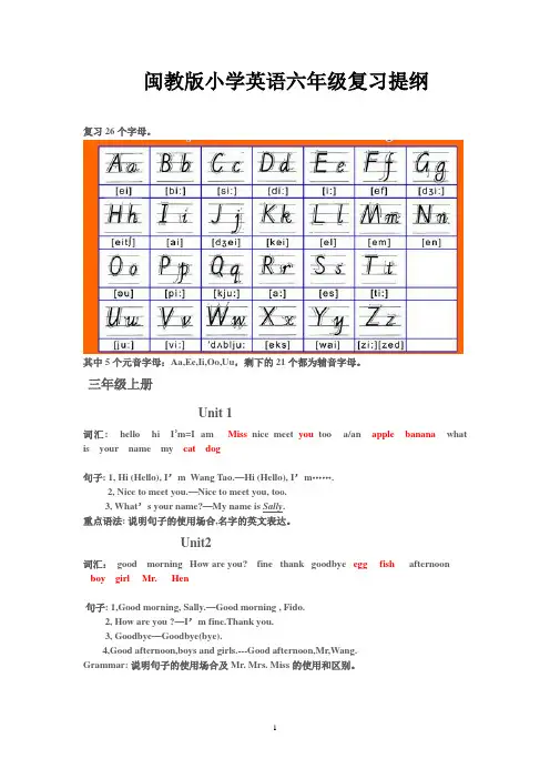 闽教版小学英语六年级复习提纲