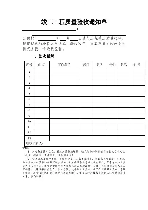 竣工工程质量验收通知单