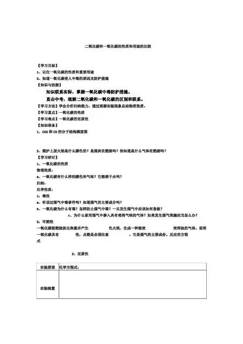 二氧化碳和一氧化碳的性质和用途的比较