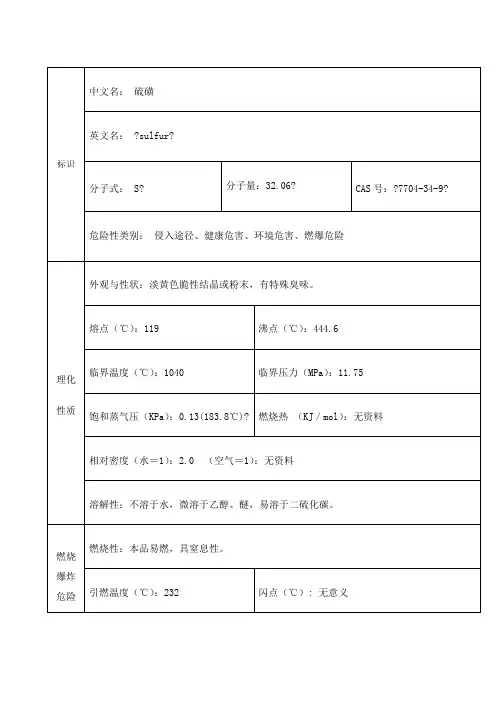 硫磺的主要理化和危险特性MSDS