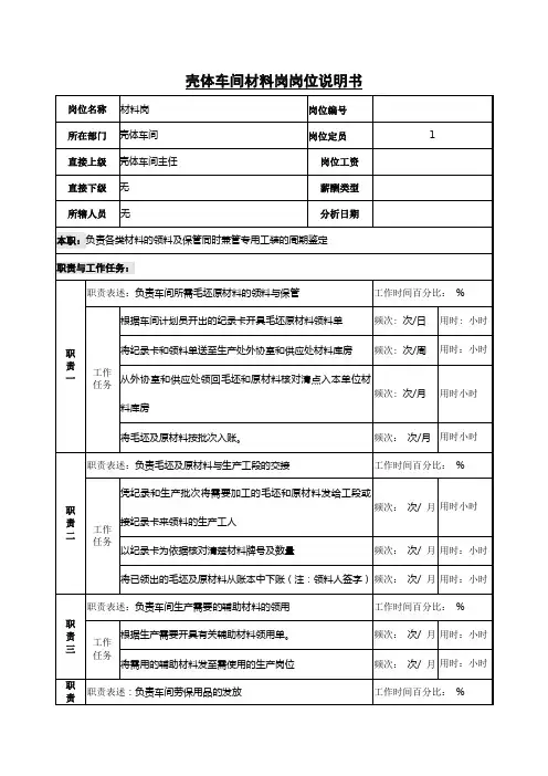 壳体车间材料岗岗位说明书