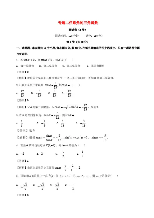2017-2018年人教A版必修4《任意角的三角函数》同步练习(A)含答案