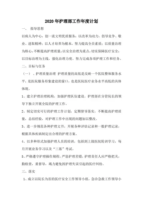 2020年护理部工作年度计划