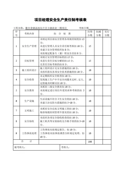 项目部安全生产责任制考核表