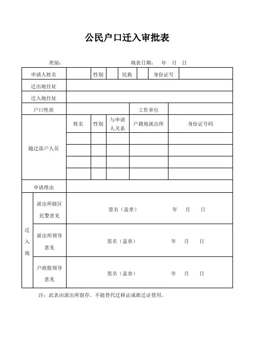 商丘 婚迁 公民户口迁入审批表