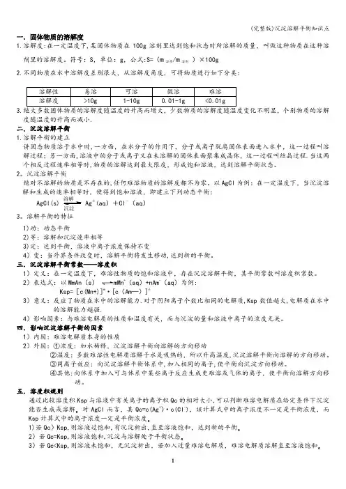 (完整版)沉淀溶解平衡知识点