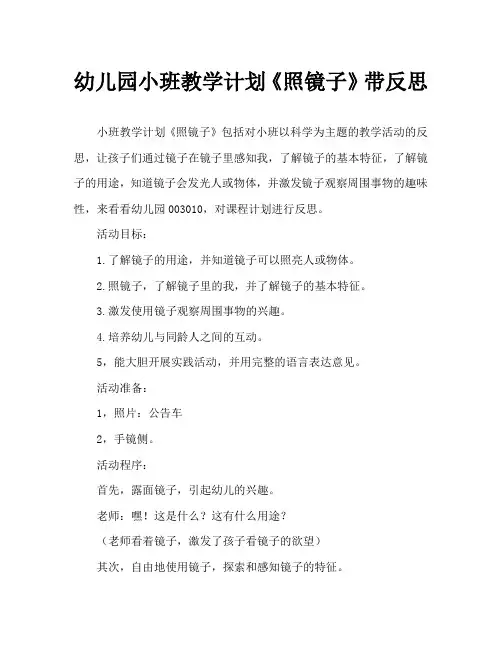 幼儿园小班教案《照镜子》含反思