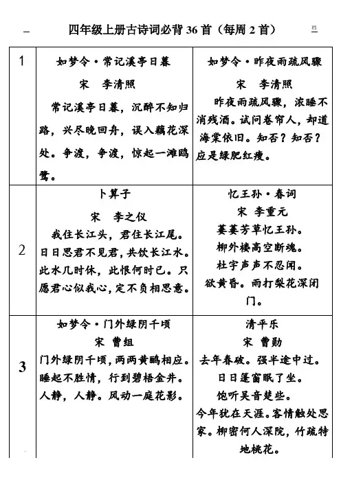 四年级上册古诗词必背36首